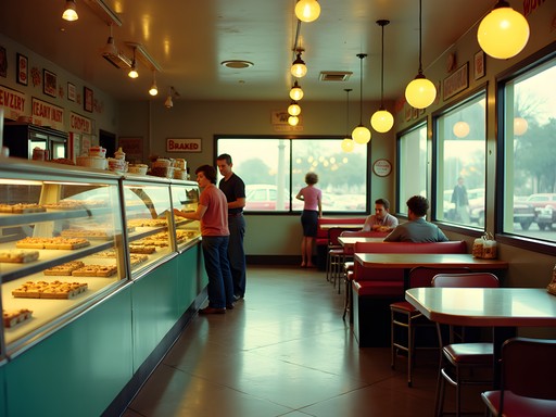Vintage bakery interior with display cases of pastries in Lafayette Louisiana