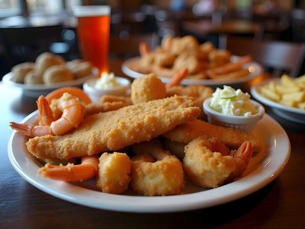 Fried seafood platter with catfish shrimp and oysters at Lafayette restaurant