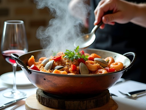 Traditional Portuguese cataplana copper pot being opened with steam rising from seafood stew inside