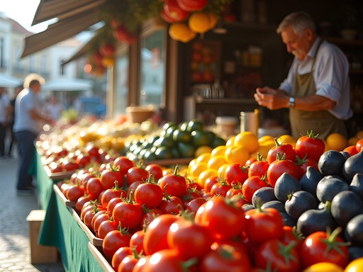 Colorful produce display at Mercado de Lagos with local Portuguese vegetables and fruits