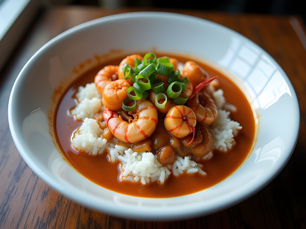 Bowl of crawfish étouffée over white rice at Lake Charles Louisiana restaurant