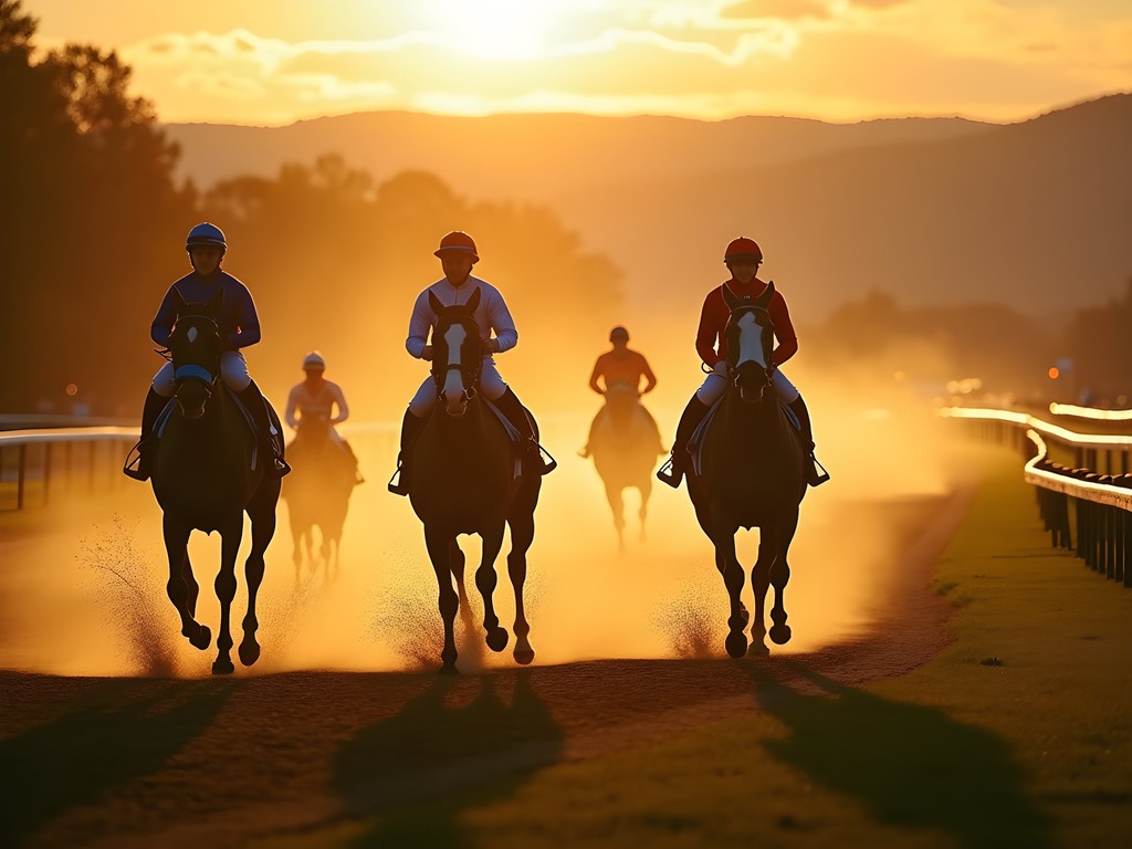 Morning thoroughbred workouts at Keeneland Race Course with autumn mist