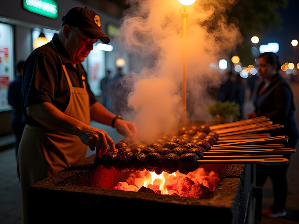Traditional anticuchos being grilled at a Lima street food stand at night