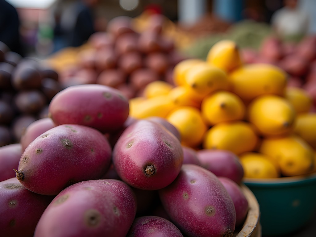 Fresh produce at Lima's Surquillo Market bathed in morning light