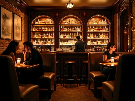 Atmospheric speakeasy-style bourbon bar in Louisville with vintage furnishings and soft lighting