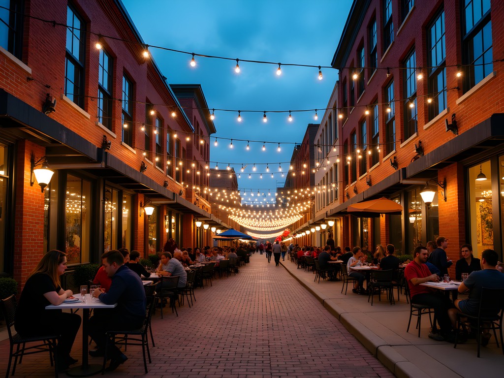 Evening scene in NuLu district showing converted industrial buildings with warm restaurant lighting