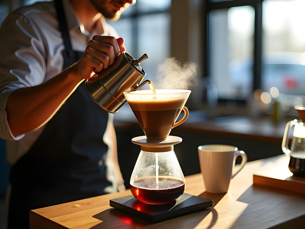 Barista preparing pour-over coffee at Arrow Coffee Co in Manhattan Kansas