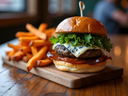 Gourmet local beef burger with blue cheese at The Chef restaurant in Manhattan Kansas