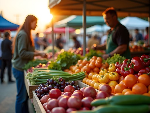 Colorful fresh produce display at Manhattan Kansas farmers market in spring