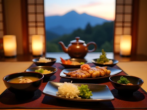 Traditional kaiseki meal served at mountain ryokan near Matsumoto