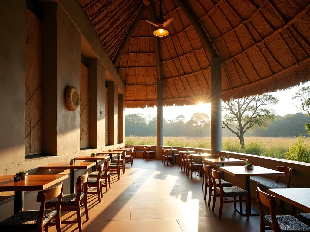 Interior of Igongo Cultural Centre restaurant showing thatched roof design and natural ventilation system