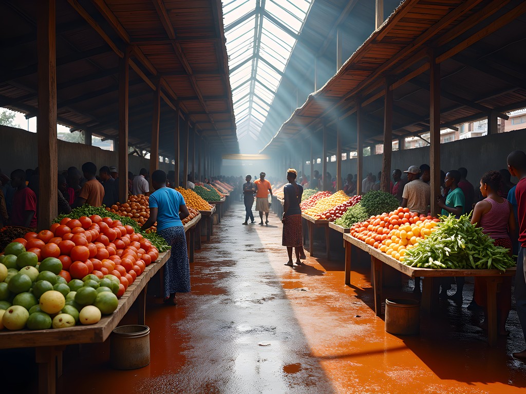 Early morning at Mbarara central market with vendors arranging fresh produce under high ventilated roof