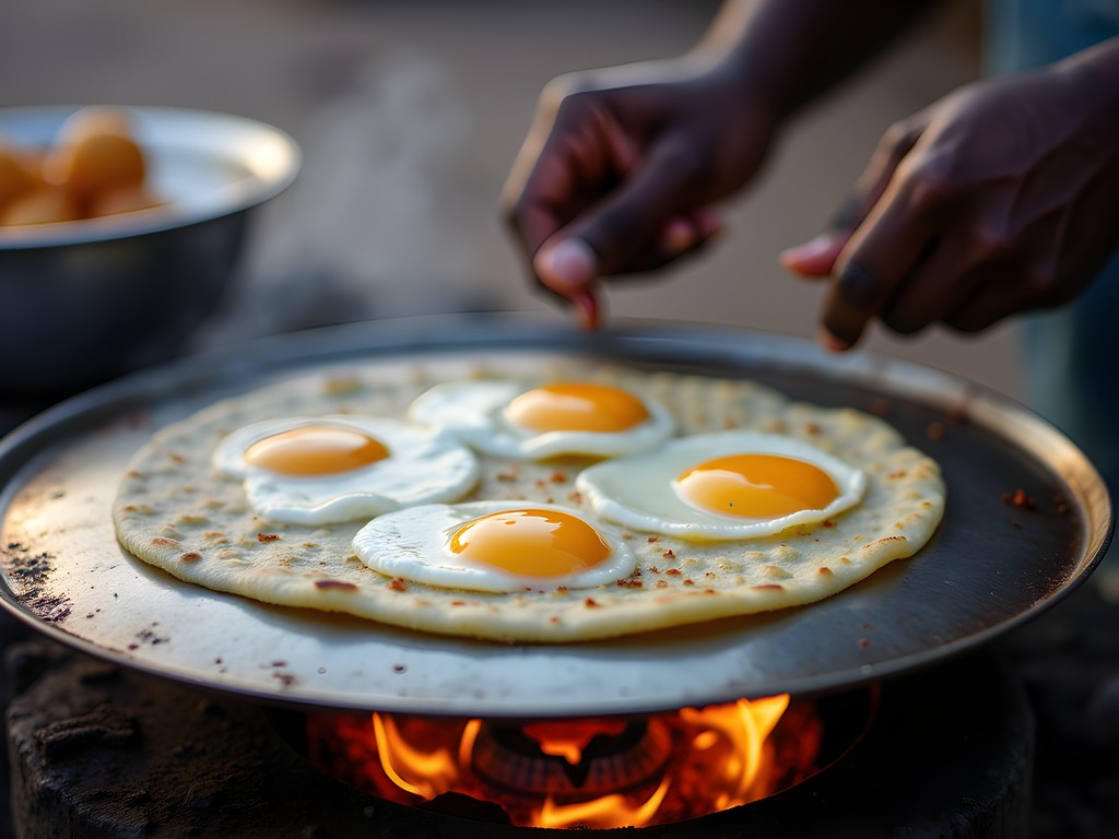Ugandan street vendor preparing rolex on specialized convex griddle with precise movements