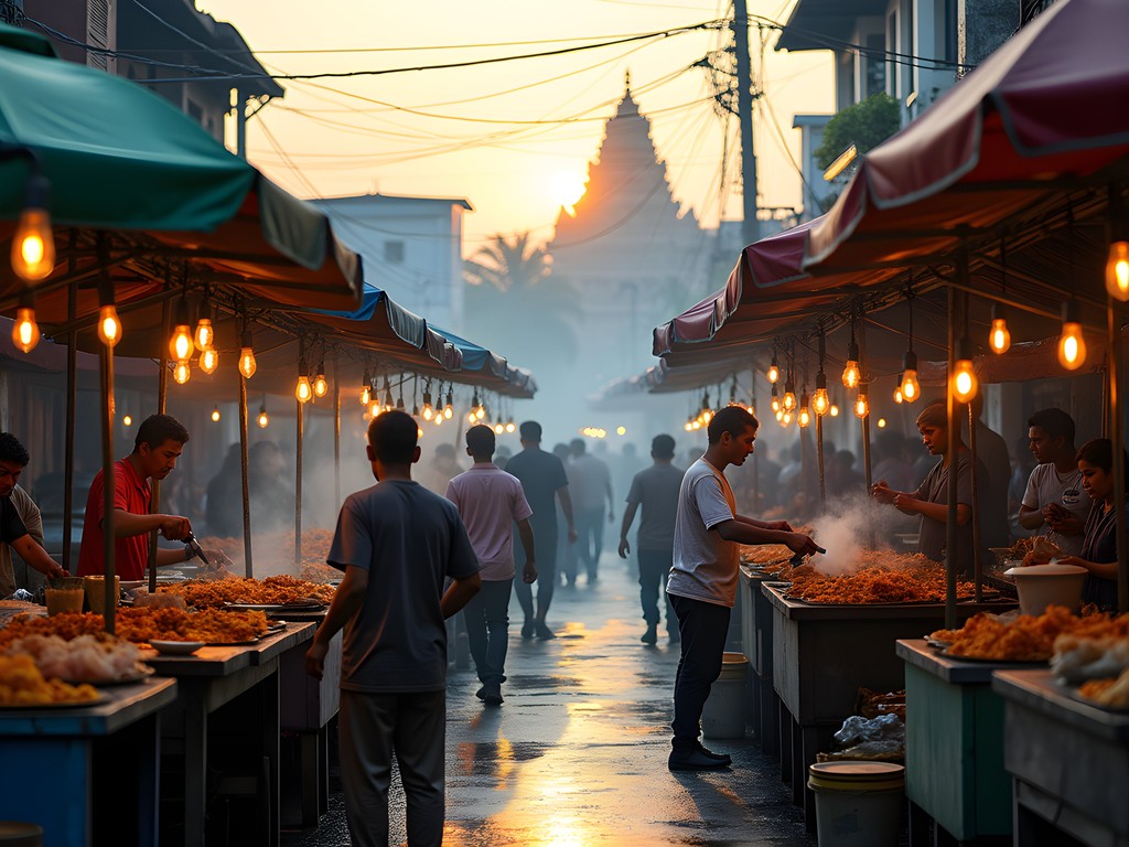 Bustling street food scene in Kampung Keling with vendors preparing Indian-influenced Sumatran dishes