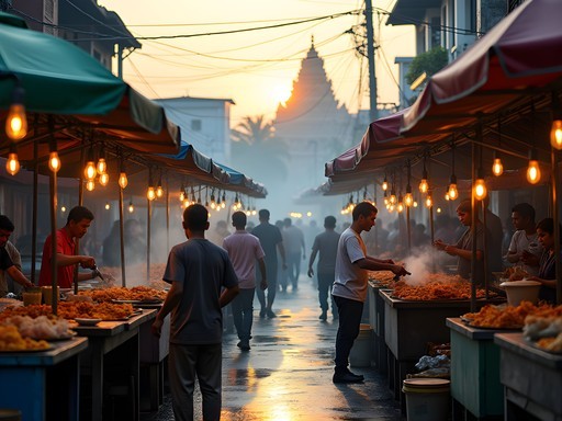 Bustling street food scene in Kampung Keling with vendors preparing Indian-influenced Sumatran dishes