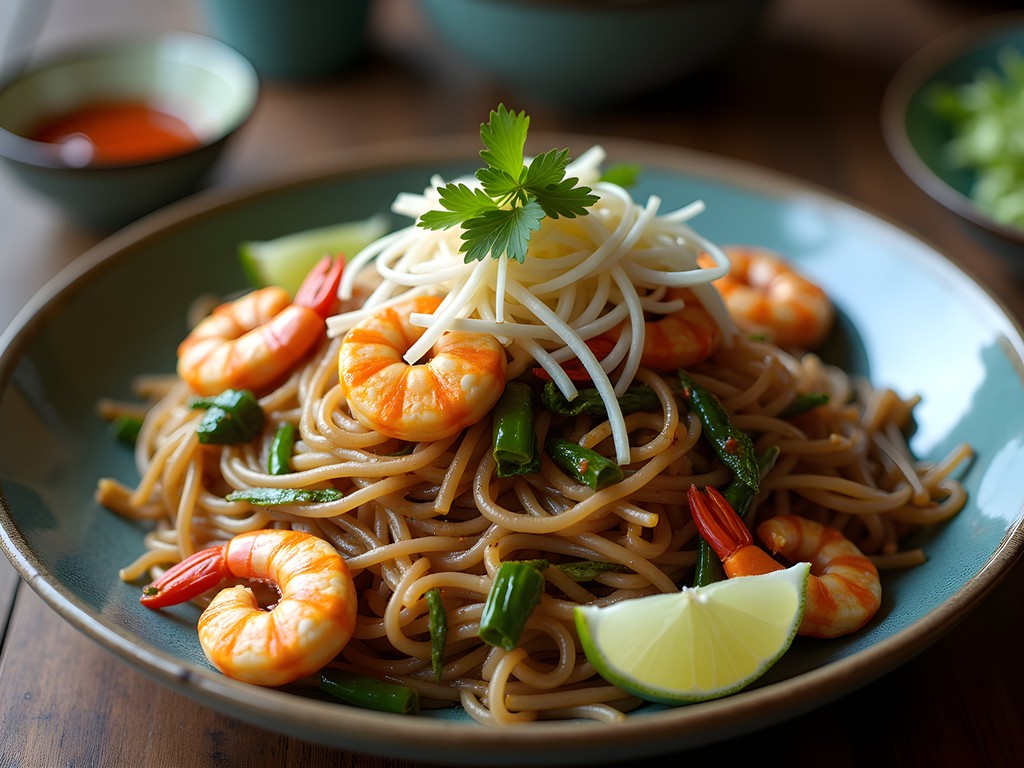 Close-up of Kwetiau Goreng Medan-style with seafood and local spices
