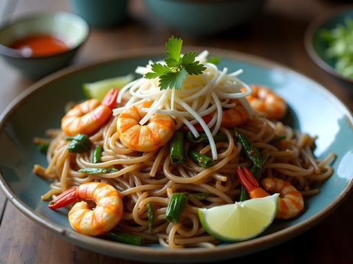 Close-up of Kwetiau Goreng Medan-style with seafood and local spices