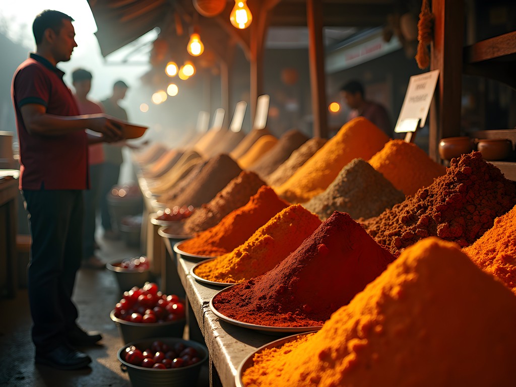 Early morning at Pasar Sambas spice market in Medan showing colorful spice displays