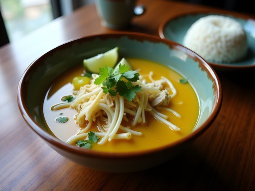 Traditional bowl of Soto Medan with coconut broth, chicken, bean sprouts and lime
