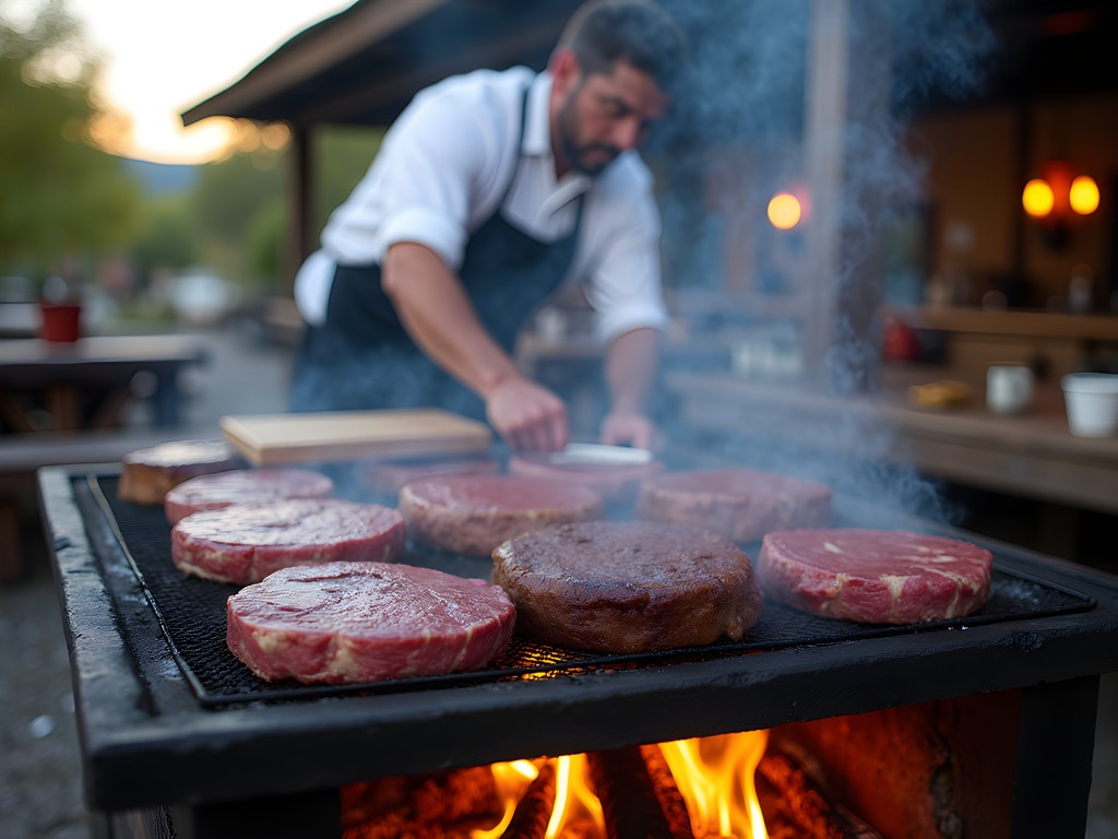 Traditional Argentine asado with various cuts of meat cooking over open flames