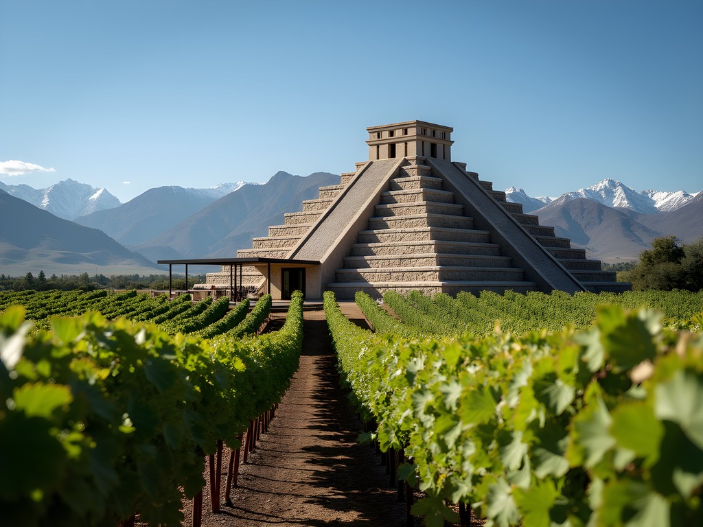 Mayan-pyramid-inspired Catena Zapata winery with Andes Mountains in background