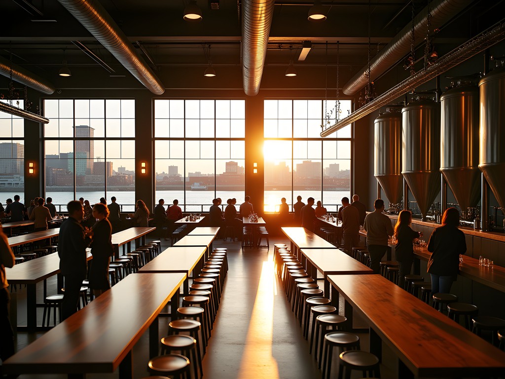 Lakefront Brewery's riverside beer hall with sunset views over the Milwaukee River