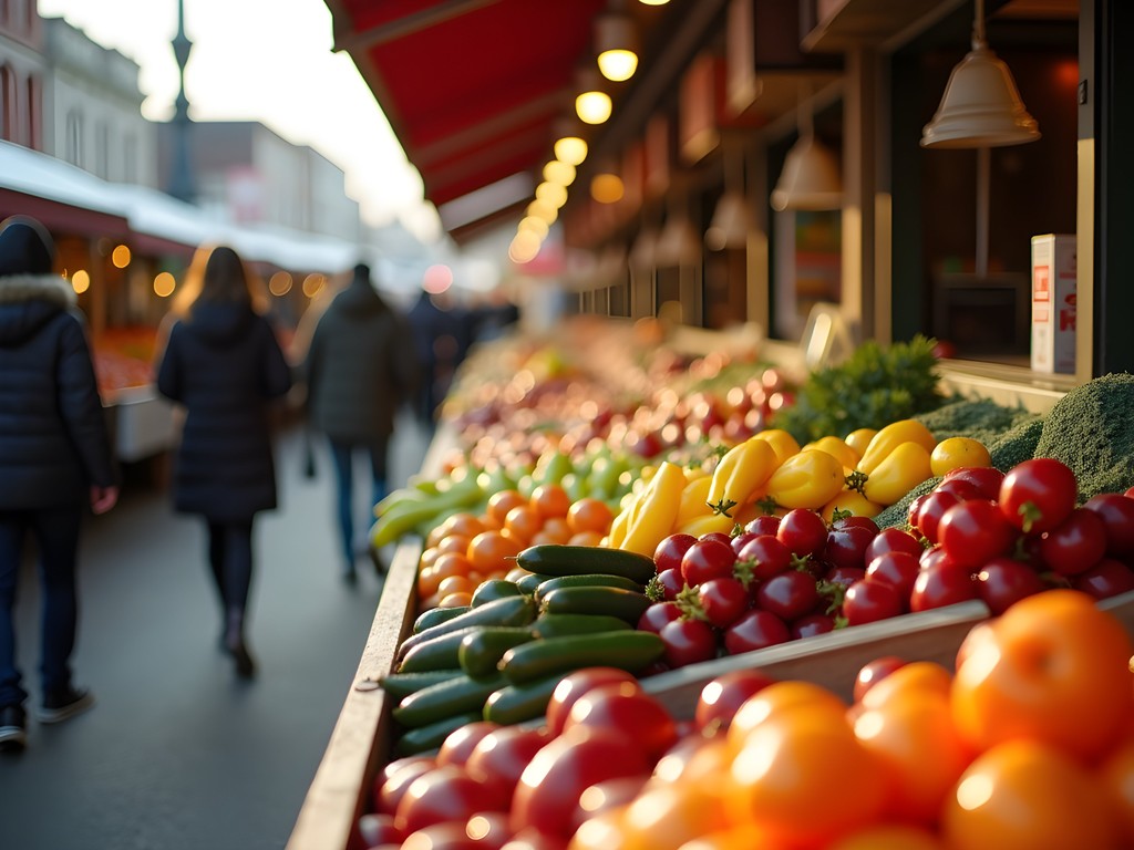 Colorful produce displays at Jean-Talon Market in Montreal during early morning