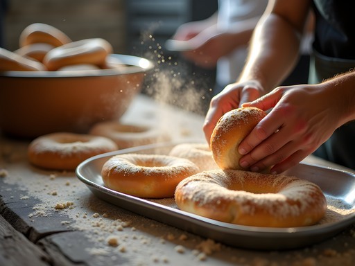Traditional bagel making process at St-Viateur Bagel in Montreal