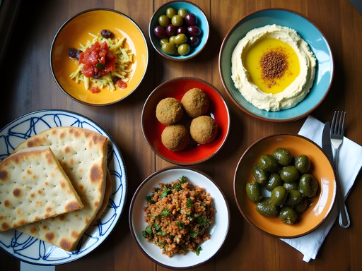 Colorful Middle Eastern food spread at Damask Café in Muncie featuring hummus, falafel, and fresh flatbreads