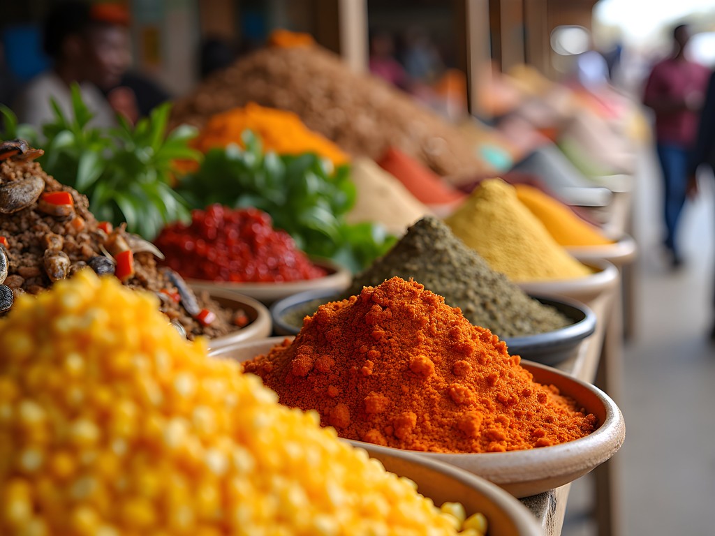 Colorful display of traditional Kenyan ingredients at Nairobi City Market