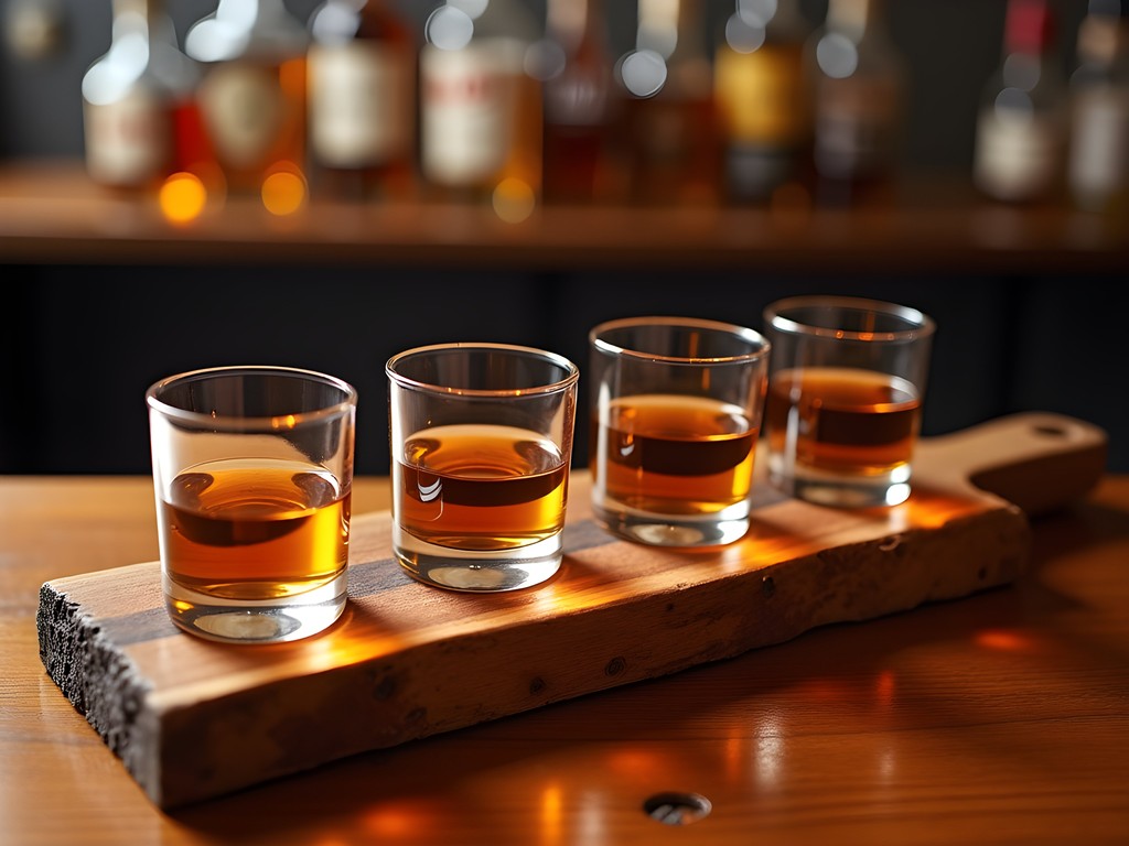 Bourbon flight on reclaimed wood board at Flyway Brewing in North Little Rock