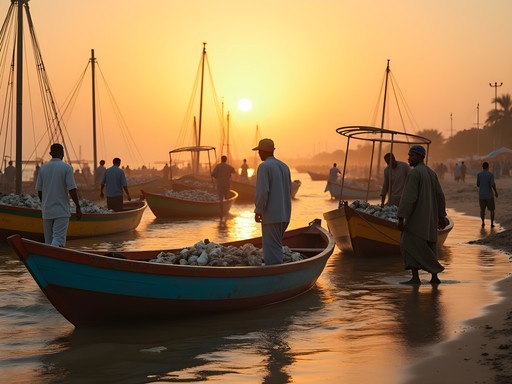 Colorful wooden fishing boats returning at dawn to Nouadhibou's busy fish market