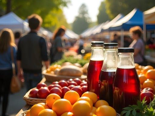 Vibrant produce and food stalls at Oakland's Grand Lake Farmers Market on a sunny morning