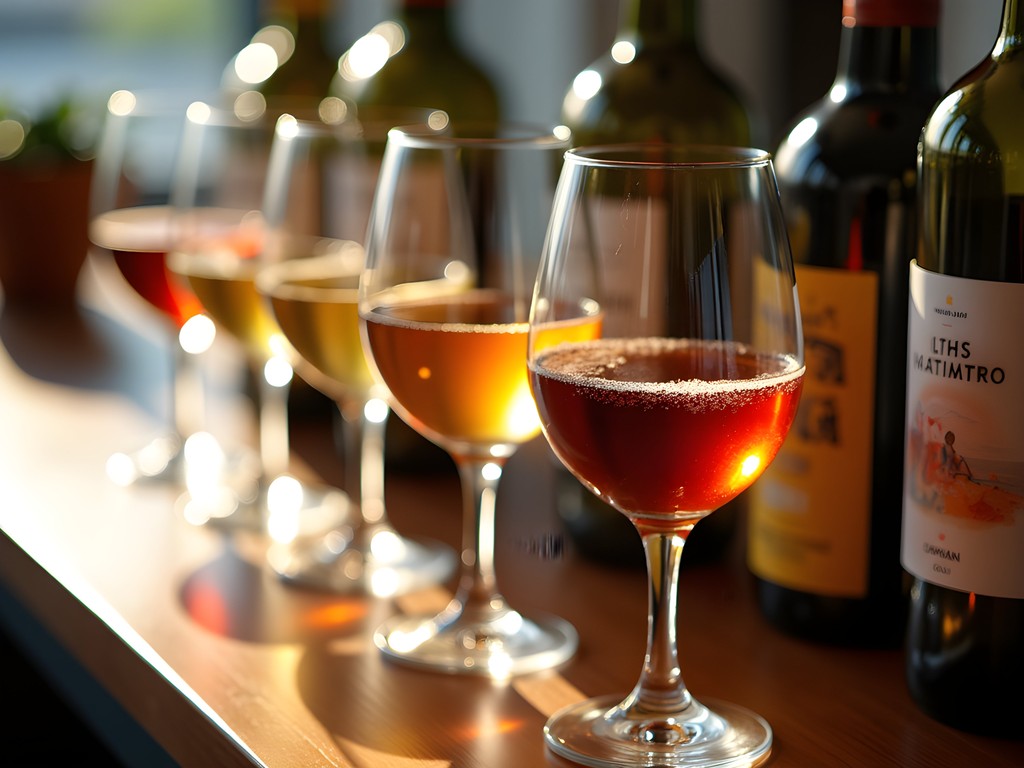 Natural wine tasting at Ordinaire wine bar in Oakland with various glasses and bottles