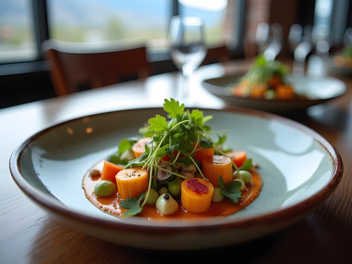 Artfully plated farm-to-table dish with locally sourced vegetables and herbs in Ogden restaurant