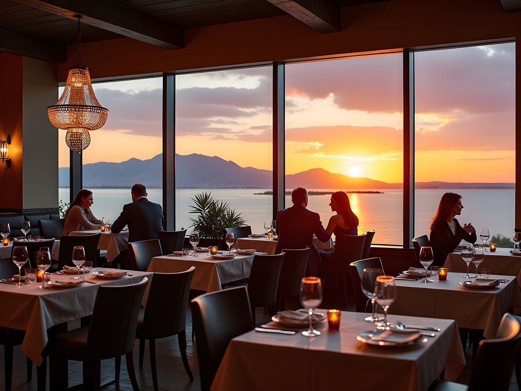 Restaurant dining room with floor-to-ceiling windows overlooking Great Salt Lake at sunset