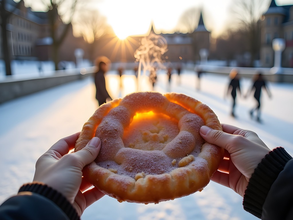 Person holding a cinnamon sugar BeaverTail pastry with the frozen Rideau Canal in the background