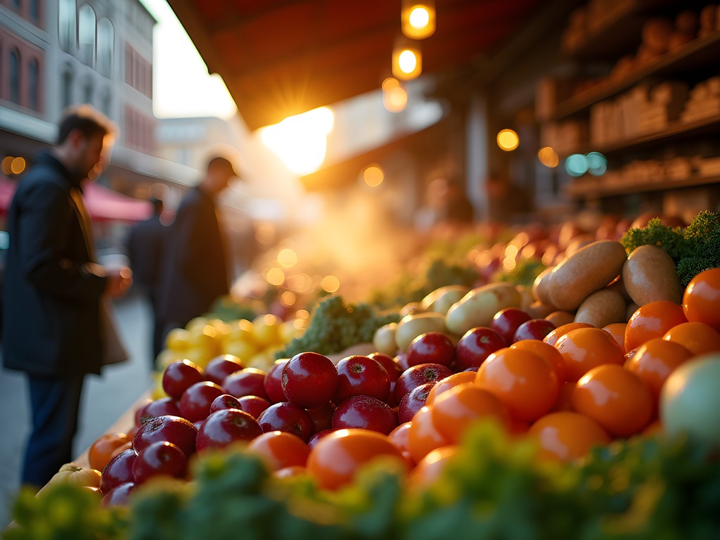 Early morning light illuminating produce stands at ByWard Market in Ottawa