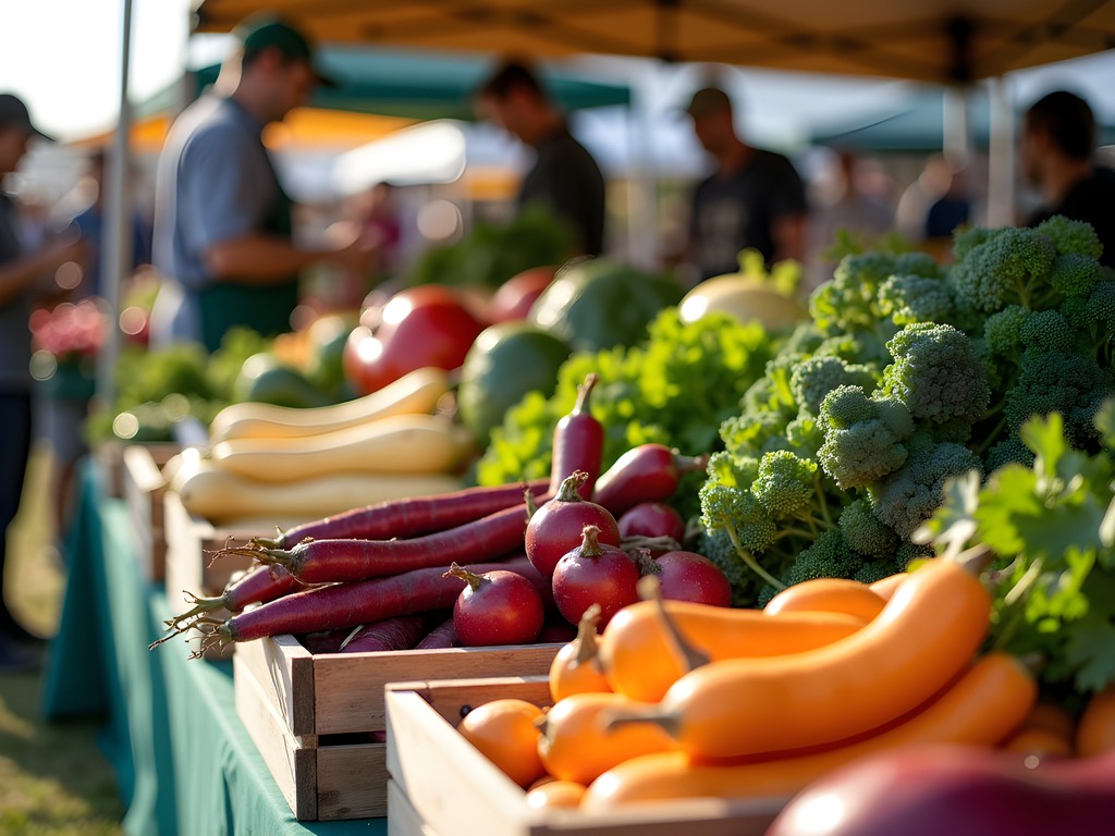 Seasonal produce display at Ottawa Farmers' Market with vendor and customers interacting