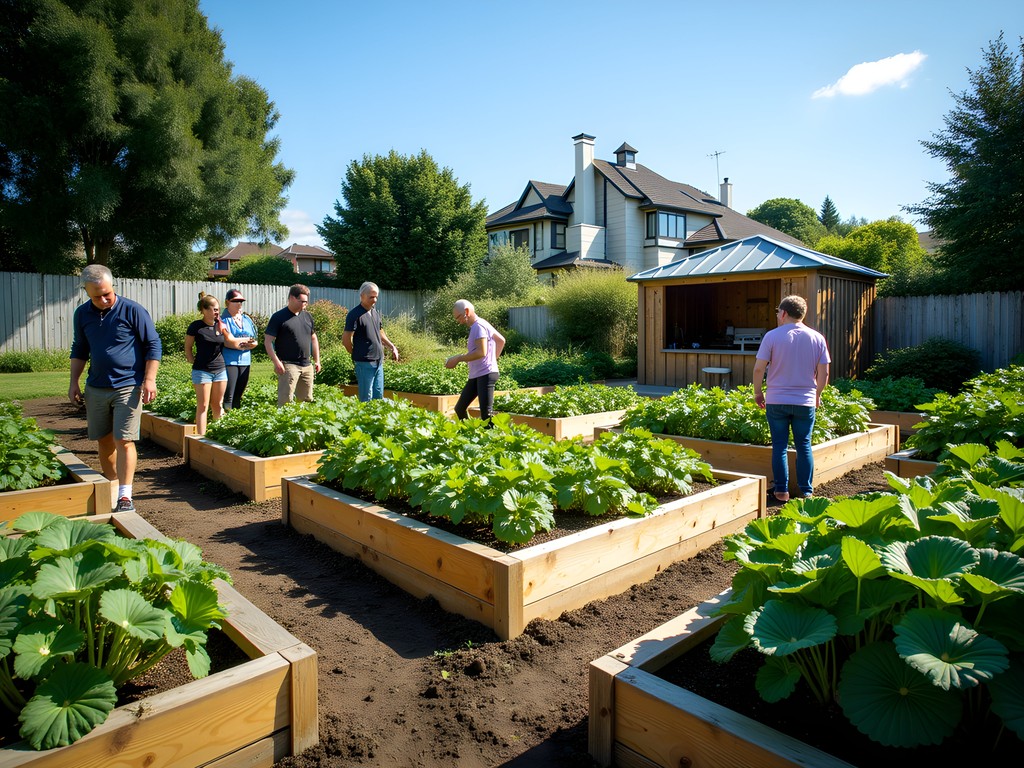 Thriving urban community garden in central Palmerston North with volunteers tending plants
