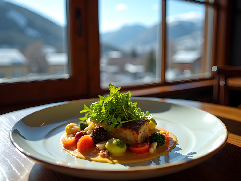 Elegant farm-to-table dish presentation with Wasatch Mountains visible through restaurant windows
