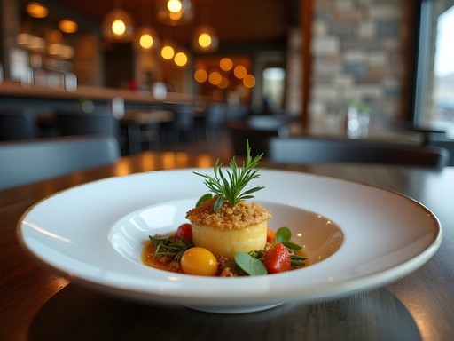 Elegant international fusion dish being served in upscale Park City restaurant with mountain-modern decor