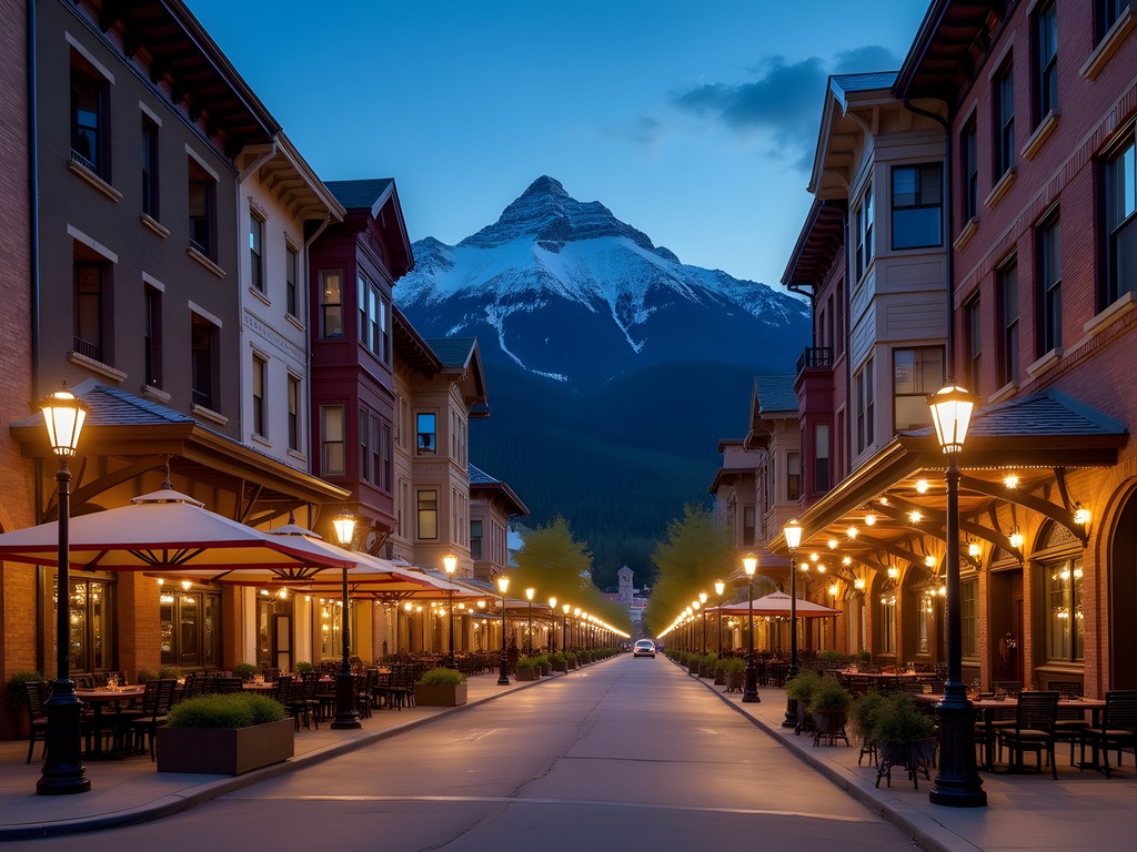 Historic Park City Main Street illuminated at dusk with mountain backdrop and restaurant storefronts