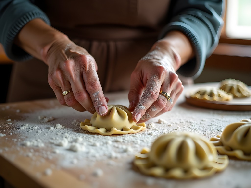 Close-up of hands crafting traditional pierogis in a Parma kitchen
