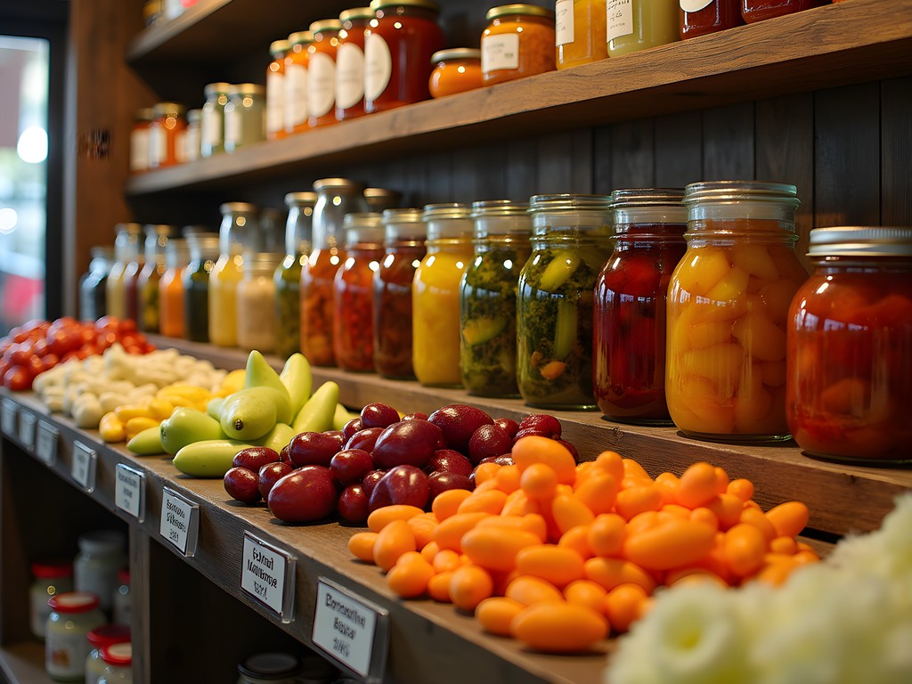 Colorful display of Polish preserved foods at a Parma market