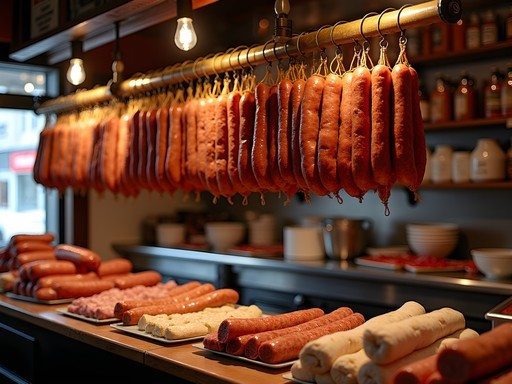 Traditional Polish kielbasa varieties hanging in a Parma butcher shop