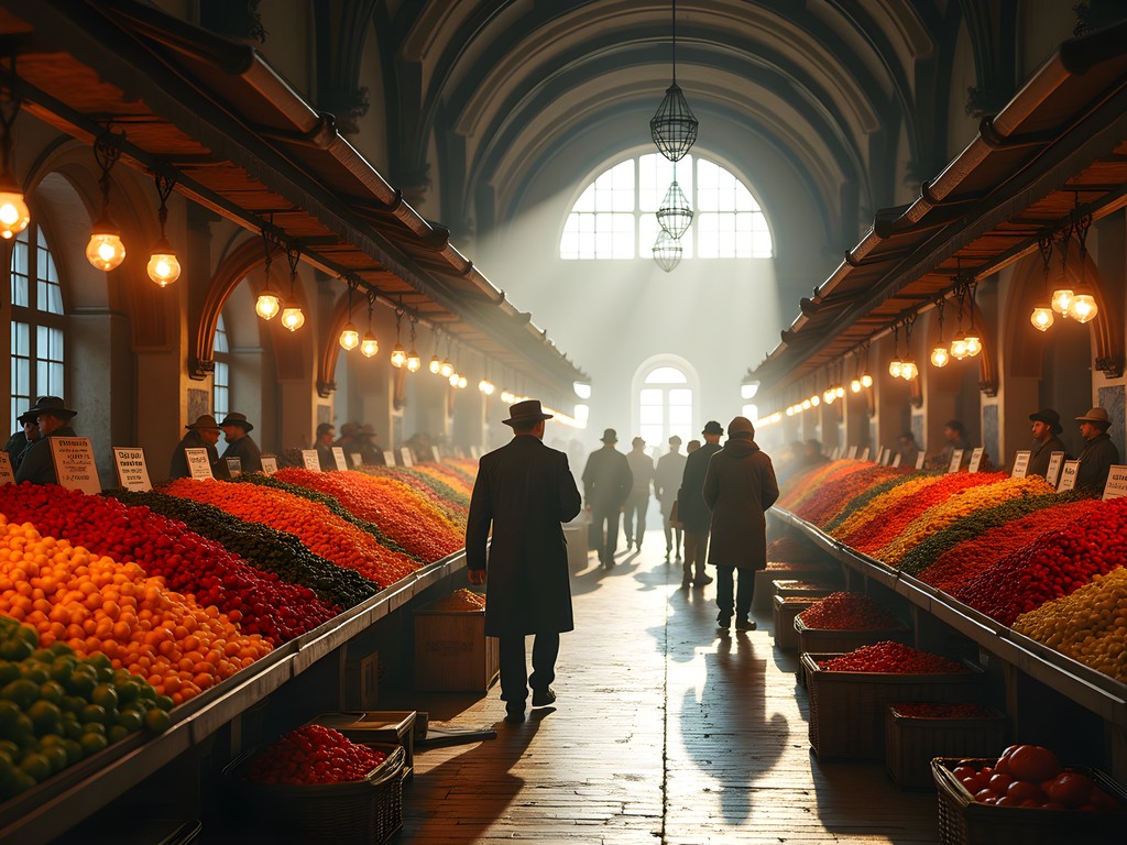 Early morning shoppers at Pecs Central Market Hall with colorful produce displays