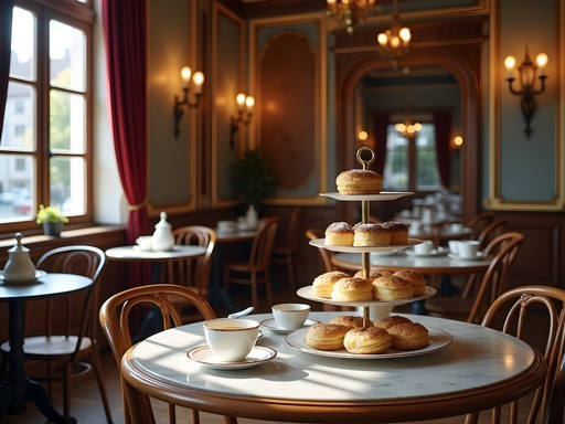 Traditional Hungarian café interior with elaborate pastries and coffee service in Pecs
