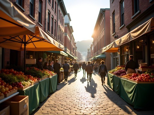 Early morning shoppers at Pittsburgh's Strip District with historic buildings and food stalls