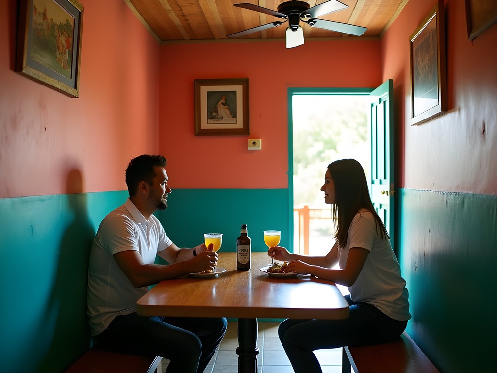 Couple enjoying traditional Puerto Rican meal at colorful fonda in Ponce